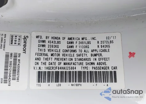 2017 Honda Accord Ex-L V6 z USA, uszkodzony, nr VIN 1HGCR3F84HA025864